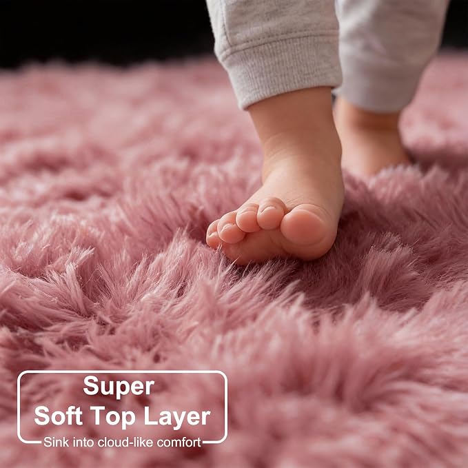 Blush Pink Big Round Rug 7Ft for Kids Bedroom, Fluffy Fuzzy Furry Circle Area - Image 4