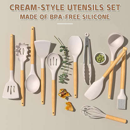 Umite Chef Kitchen Cooking Utensils Set, Wooden Handle Silicone Kitchen Gadgets - Image 4