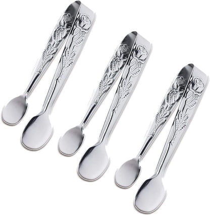 3PCS Mini Serving Tongs, 4Inch Rose Stainless Steel Sugar Cube Tongs, Sliver by Sunenlyst