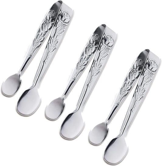 3PCS Mini Serving Tongs, 4Inch Rose Stainless Steel Sugar Cube Tongs, Sliver by Sunenlyst
