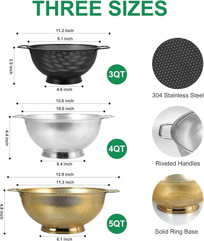 3PCS Three Colors Mix Colander Set, 3QT Black & 4QT Silver & 5QT Gold, - Image 4
