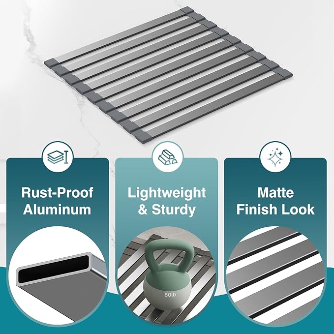 COOL-ANGLE Aluminum Roll Up Dish Drying Rack Over The Sink, 17.7" x 13.4" - Image 7