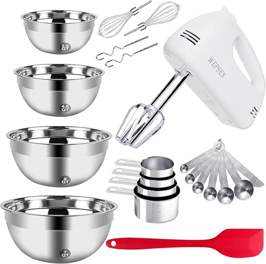 5-Speed Electric Hand Mixer, 4 Large Mixing Bowls Set, Handheld Mixers by WEPSEN