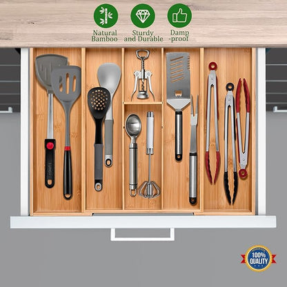 guiogc Bamboo Silverware Organizer, Expandable Kitchen Drawer Organizer and - Image 7