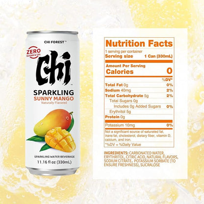 CHI FOREST Mango Sparkling Water Beverage, Zero Sugar Drinks, Zero Artificial Flavor, 11.16 fl oz Cans (Pack of 24)