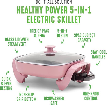 GreenLife12" 5QT Square Electric Skillet, Glass Vented Lid, Ceramic PFAS-Free - Image 3