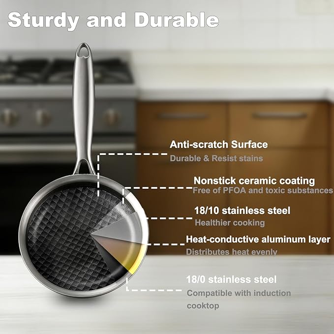 DELARLO Tri-Ply Stainless Steel 7" Omelette Pans, Non Stick Egg Frying Pan - Image 2