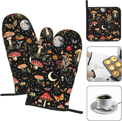 Cute Mushroom Oven Mitts and Pot Holders Sets of 3, Heat Resistant Black Hot - Image 4