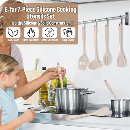 E-far Silicone Cooking Utensils Set, 7-Piece Khaki Heat Resistant Kitchen - Image 7
