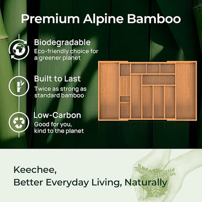 keechee Carbonized Large Bamboo Kitchen Drawer Organizer, 12 Slots Expandable - Image 7