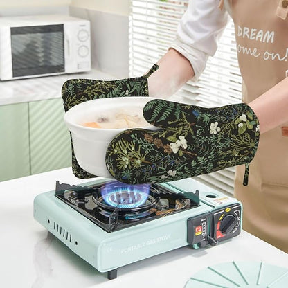 Botanical Print Floral Oven Mitts and Pot Holders Set of 4 Silicone Black Sage - Image 6