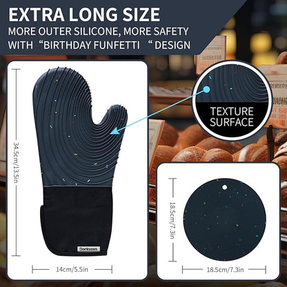 Silicone Oven Mitts, Cotton Lined Gloves, Long Cooking Mitts and Trivet Mats - Image 2