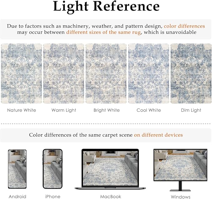 5x7 Washable Neutral Area Rug Blue Vintage Living Room Bedroom Carpet Non-Slip - Image 9