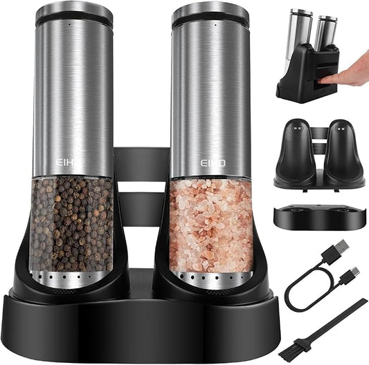 EIHO Electric Salt and Pepper Grinder Set USB Rechargeable, Upgraded External by EIHO