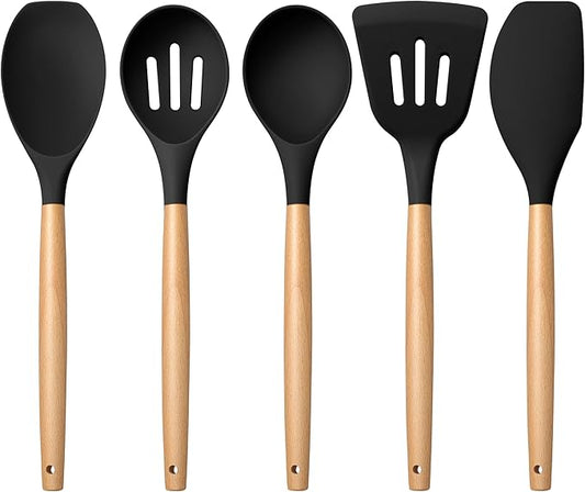 E-far Silicone Cooking Utensils Set, 5-Piece Black Kitchen Utensils Set by E-far