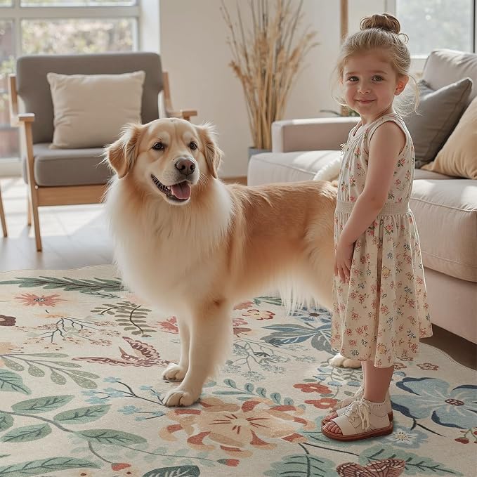 DCX Beige Floral Rug 9x12, Washable Beige Rug - Image 5