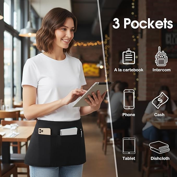BOHARERS Cotton Server Aprons 3 Pack Waiter Waitress Apron Short Apron - Image 3