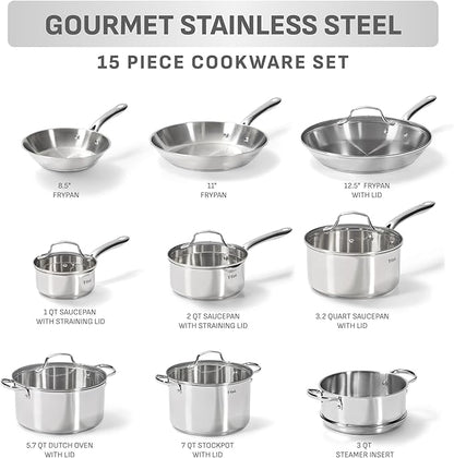 T-fal Gourmet 15-Piece Stainless Steel Cookware Set, Pots and Pans Cooking Set - Image 2
