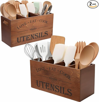 2 PC Wooden Utensil Holder, （With 4-Compartments size*1 + 3-Compartments by Unknown
