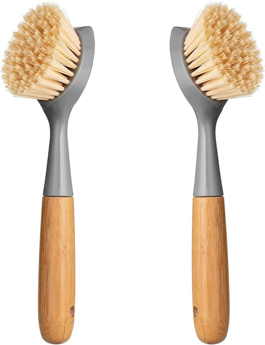 2 Pack Kitchen Dish Brush Bamboo Handle Dish Scrubber Built-in Scraper by Songtaste