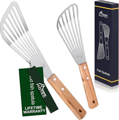 HOTEC 2pcs Stainless Steel Wooden Handle Fish Spatula, Metal Spatula Flipping by Hotec