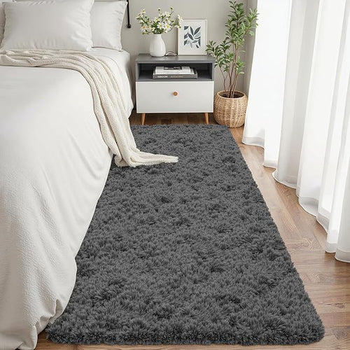 2x6 Bedside Area Rugs for Bedroom: Soft Fluffy Shag Gray Rug for Hallway by CarpetAddColortoYourLife