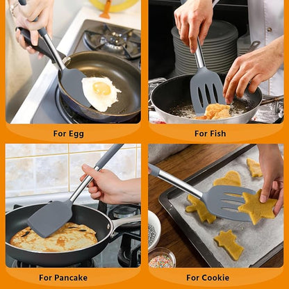 Silicone Spatula Set of 2, E-far Solid & Slotted Turner - Image 6