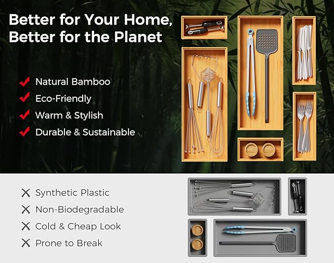 Long Bamboo Kitchen Drawer Organizer Boxes – 17" x 6" Stackable Wood Silverware - Image 8