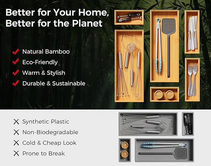 Long Bamboo Kitchen Drawer Organizer Boxes – 17" x 6" Stackable Wood Silverware - Image 8