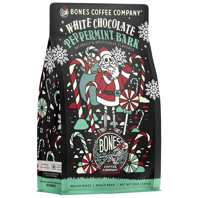 Bones Coffee Company White Chocolate Peppermint Bark Flavored Coffee, Medium Roast Low Acid Arabica Beans Compatible with Auto drip and French Press Coffee Maker, 12 Oz Ground