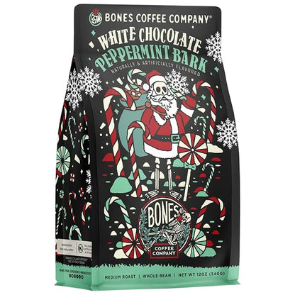 Bones Coffee Company White Chocolate Peppermint Bark Flavored Coffee, Medium Roast Low Acid Arabica Beans Compatible with Auto drip and French Press Coffee Maker, 12 Oz Ground