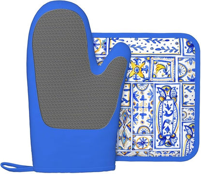 Blue Boho Geometric Silicone Oven Mitts Pan Mats Set of 2, Heat Resistant - Image 2