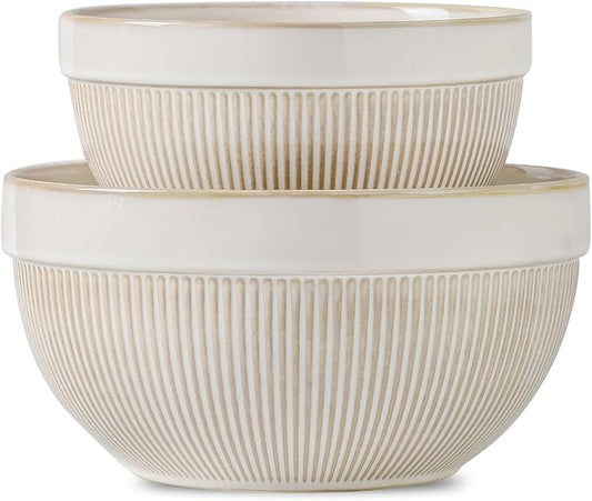 Ceramic Large Glazed White Stripe Mixing Bowls by TEAKISS