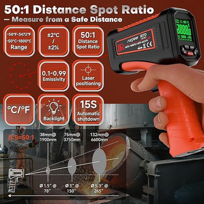 -58℉~3272℉ Infrared Thermometer IR Gun, High-Temp Digital Temperature Gun, 50:1 Non-Contact Pyrometer for Kiln, Forge, Furnace, Engine, HVAC & Industrial Applications