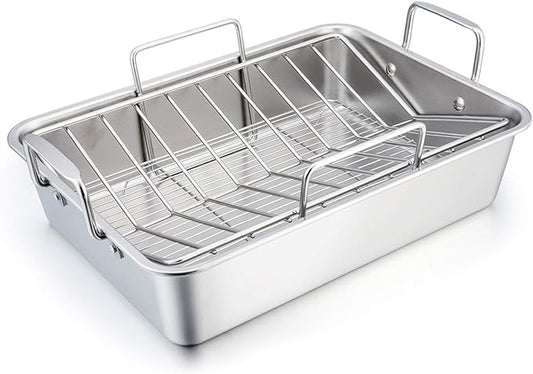 TeamFar Stainless Steel Roasting Pan, 16 Inch Large Turkey Roaster Lasagna Pan by TeamFar