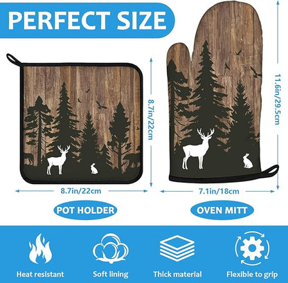 Deer Forest Wood Grain Oven Mitts and Pot Holders Sets Heat Resistant 4Pcs - Image 2