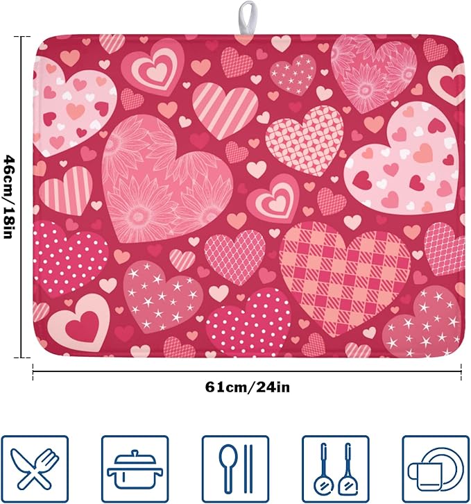 Valentine's Day Dish Drying Mat 18 x 24 Inch Heart Shaped Pattern Dish Drying - Image 2