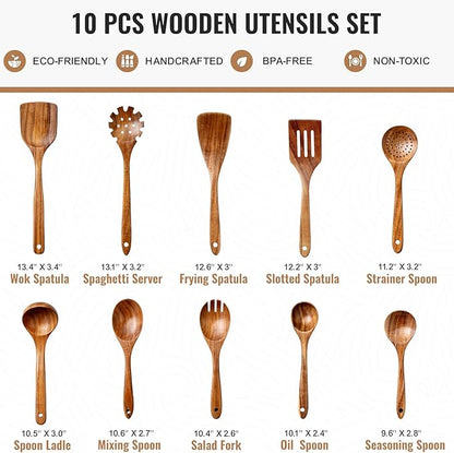 Terlulu 10 Pcs Wooden Spoons for Cooking, Natural Teak Wooden Kitchen Utensils - Image 2