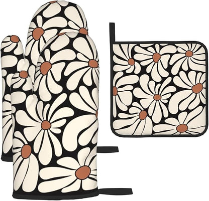 Boho Floral Pot Holders and Oven Mitts Set, Cute Black and Beige Kitchen Mitts by Unknown