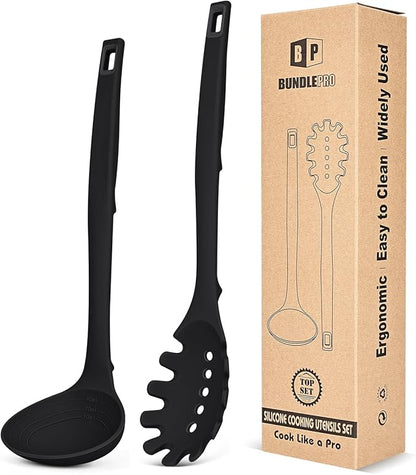 Silicone Pasta Fork and Soup Ladle Set, Heat Resistant Non Stick Kitchen by BUNDLEPRO