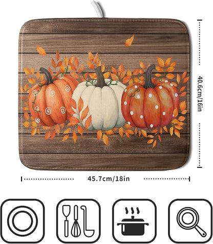 Autumn Pumpkin Dish Drying Mat Rustic Wood Dish Drainer Mats Fast Dry - Image 2