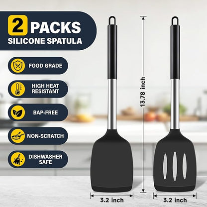 2 Pack Silicone Spatula Set, Solid & Slotted Turner - Image 2