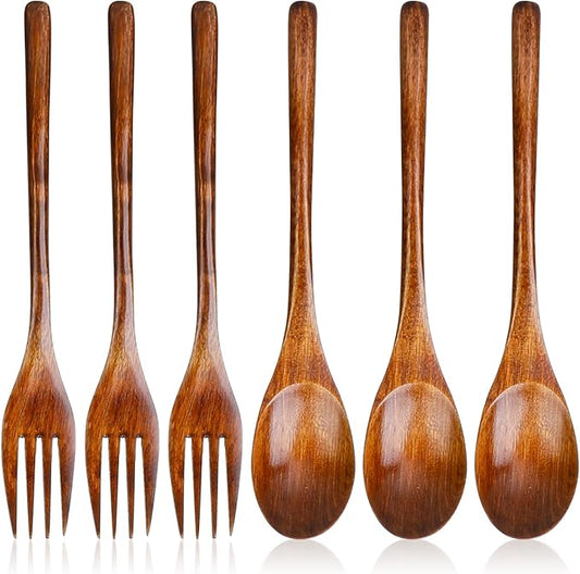 6 Pcs Wooden Forks and Spoons Reusable Wooden Spoons Forks Set Eating Utensil by Unknown
