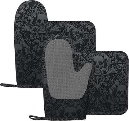 Gothic Skull Oven Mitts and Pot Holders Sets of 4, Resistant Hot Pads by Nelife