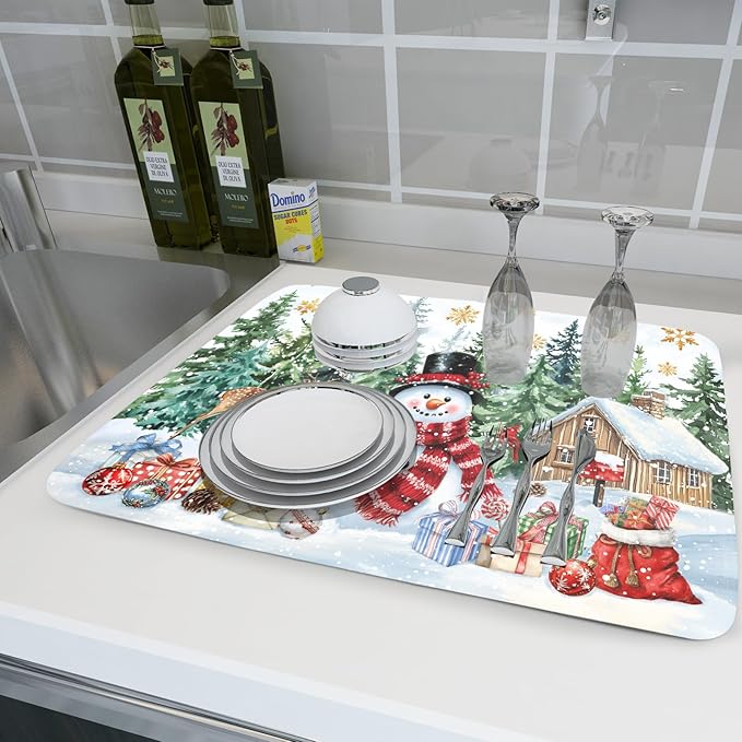 Christmas Kitchen Drying Mat 18 x 24 Inch Xmas Snowman Drying Pad Snowflake and - Image 6