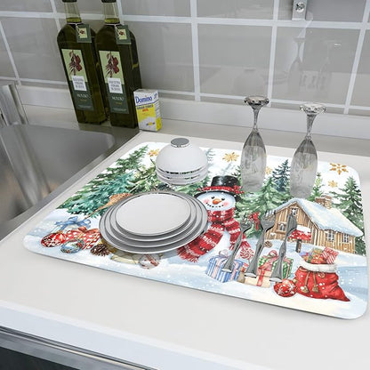 Christmas Kitchen Drying Mat 18 x 24 Inch Xmas Snowman Drying Pad Snowflake and - Image 6