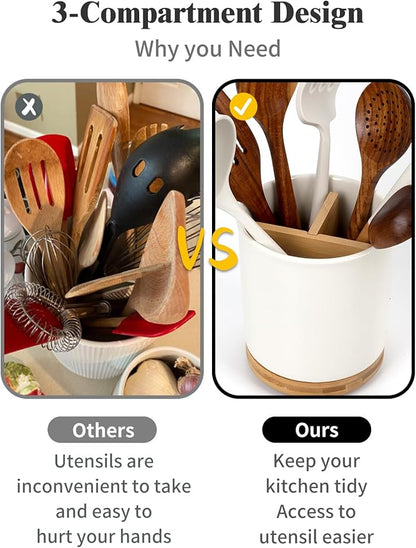 LoeJan 3 Compartment Utensil Holder, Extra Large Utensil Crock, Stable Ceramic - Image 5