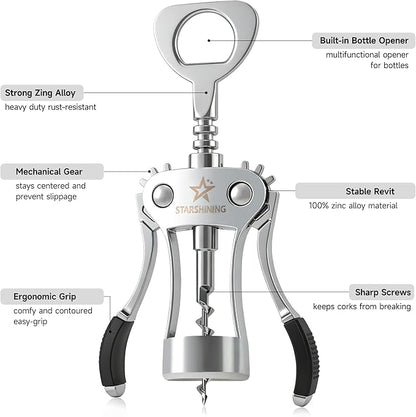 Wine Opener, Heavy-Duty Zinc Alloy Wing Corkscrew Manual Wine Bottle Opener - Image 4