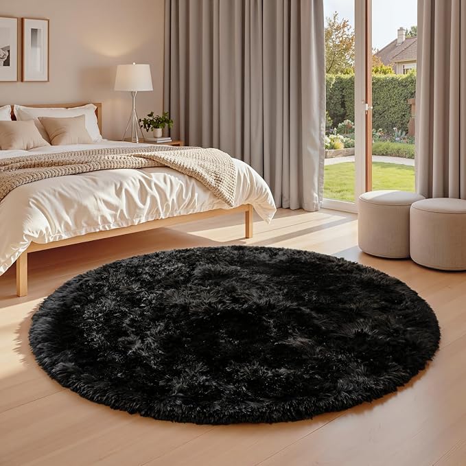 Black Round Fluffy Rug 5ft Plush Fuzzy Shaggy Carpet, Soft Rugs - Image 2