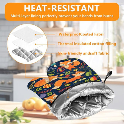 Cute Fox Oven Mitts and Pot Holders Sets 4Pcs, Extra Long Oven Gloves Potholder - Image 3